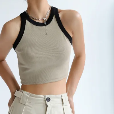 Women Basic Style Color Matching Thread Cotton Sleeveless Pullover Vest