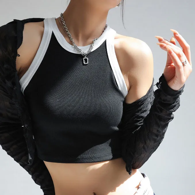 Women Basic Style Color Matching Thread Cotton Sleeveless Pullover Vest