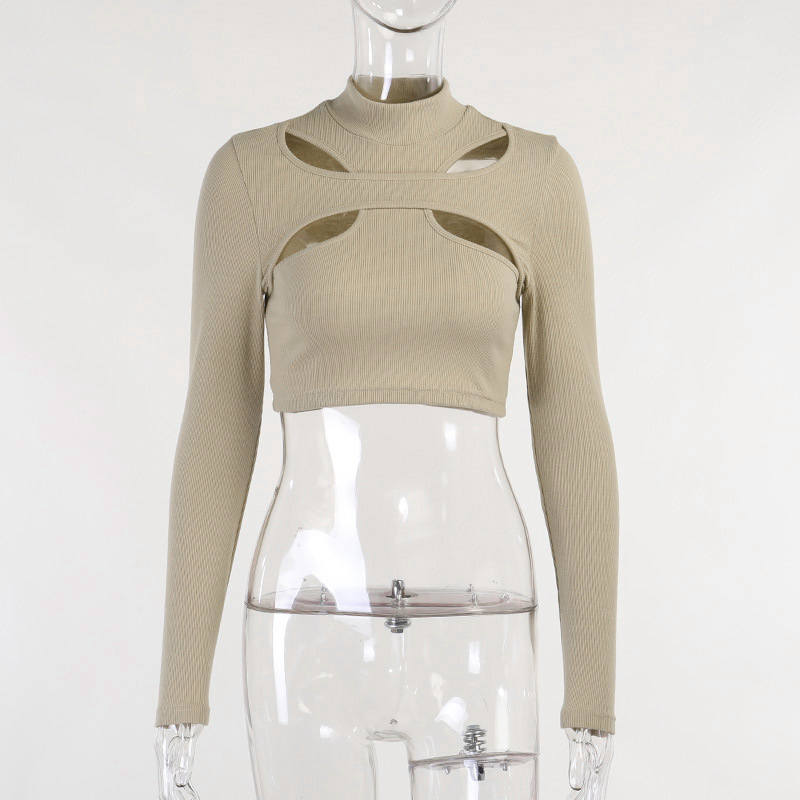 Tシャツ・カットソー Off-White Fitted Crop Top With Unique Cut-Out Details Riforla Women's Sexy Long Sleeve Crop Top 2024 Crew Neck