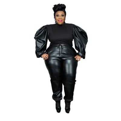 Women Plus Size Sexy Solid Color Tight Puff Sleeve Top Defined Waist Lace-Up Pants 2pcs Set