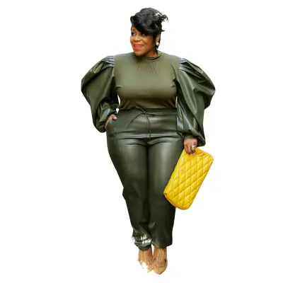 Women Plus Size Sexy Solid Color Tight Puff Sleeve Top Defined Waist Lace-Up Pants 2pcs Set