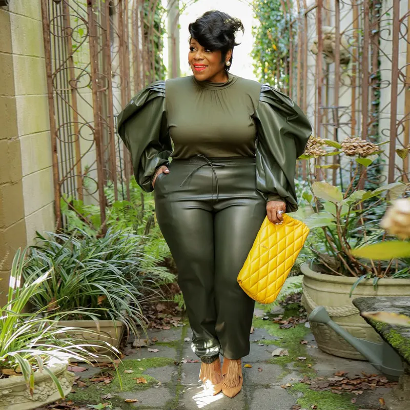 Women Plus Size Sexy Solid Color Tight Puff Sleeve Top Defined Waist Lace-Up Pants 2pcs Set