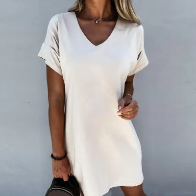 Casual Office Chic Women Solid Color V Neck Short Sleeve Loose Dress