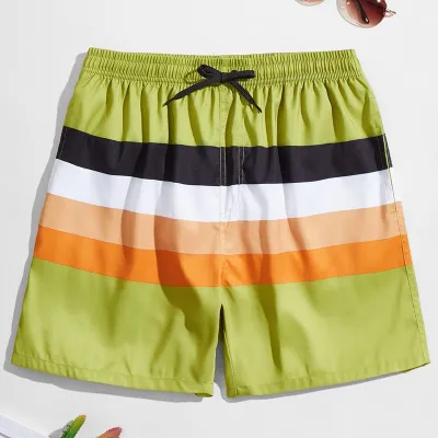 Men Casual Striped Color-Block Loose Polyester Shorts