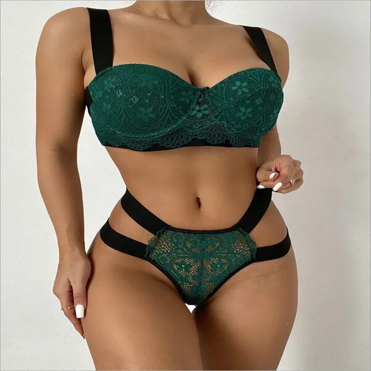 Women Three-Point Push-Up Sexy Lace See-Through Split Lingerie Set