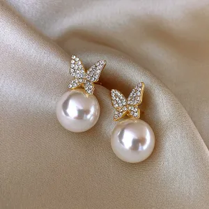Women Fashion Simple Diamond Butterfly Pearl Earrings