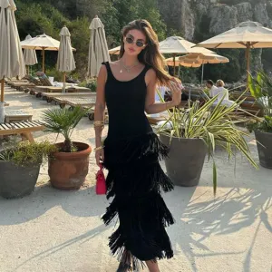 Women Solid Color Hem Tassel Knit Sling Dress