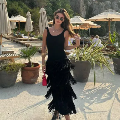 Women Solid Color Hem Tassel Knit Sling Dress