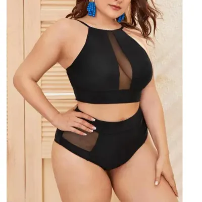 Women Plus Size Leopard Print Mesh Patchwork Halter Neck Tankini Two-Piece Swimwear