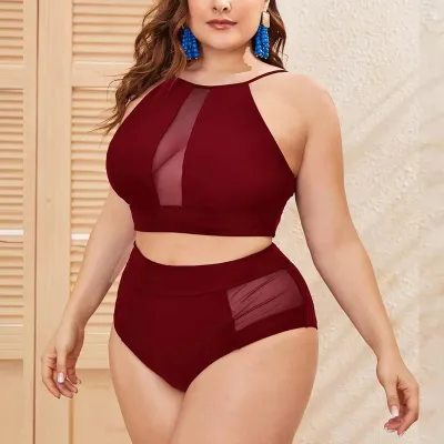 Women Plus Size Leopard Print Mesh Patchwork Halter Neck Tankini Two-Piece Swimwear