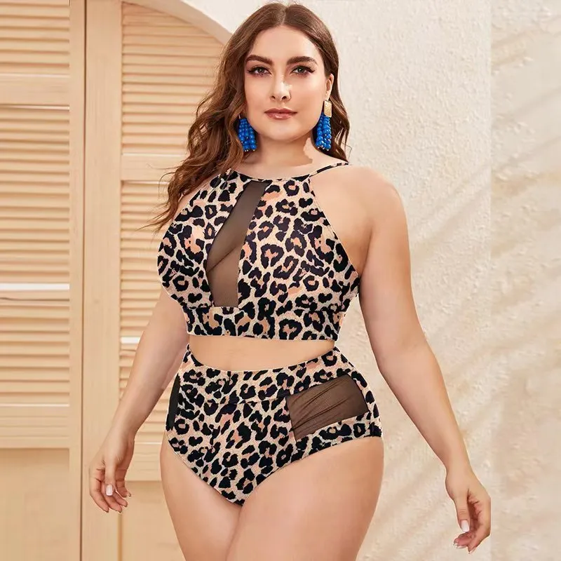 Women Plus Size Leopard Print Mesh Patchwork Halter Neck Tankini Two-Piece Swimwear
