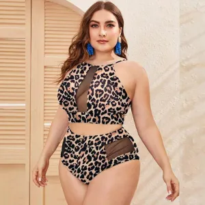 Women Fashion Sexy Plus Size Deep V Leopard Printed High Waist Swimsuit Set