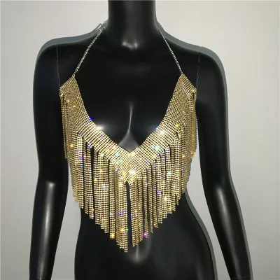 Women Rhinestone Metal Chain Tassel Halter Top