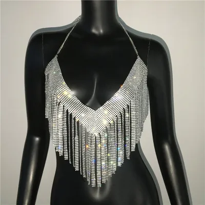 Women Rhinestone Metal Chain Tassel Halter Top