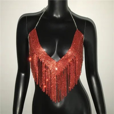 Women Rhinestone Metal Chain Tassel Halter Top