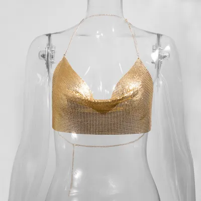 Nightclub Sexy Women Gold Metal Mesh Halter Top