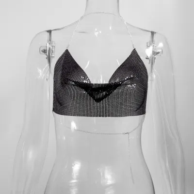 Nightclub Sexy Women Gold Metal Mesh Halter Top