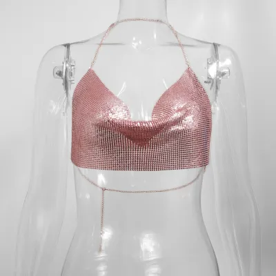 Nightclub Sexy Women Gold Metal Mesh Halter Top