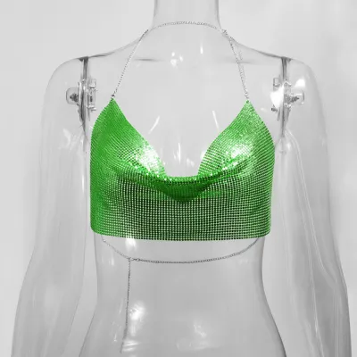 Nightclub Sexy Women Gold Metal Mesh Halter Top
