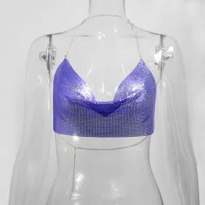 Nightclub Sexy Women Gold Metal Mesh Halter Top