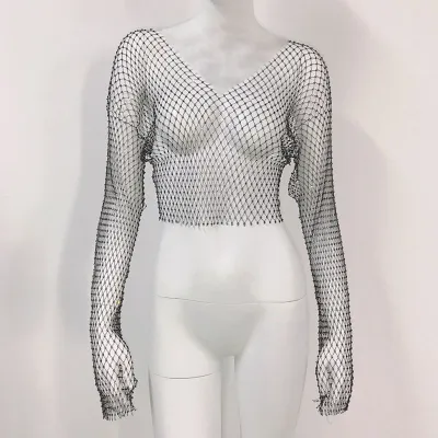 Nightclub Sexy Women Rhinestone Mesh Long Sleeve Crop Top