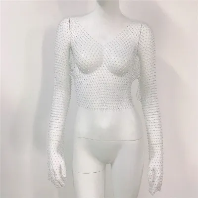 Nightclub Sexy Women Rhinestone Mesh Long Sleeve Crop Top