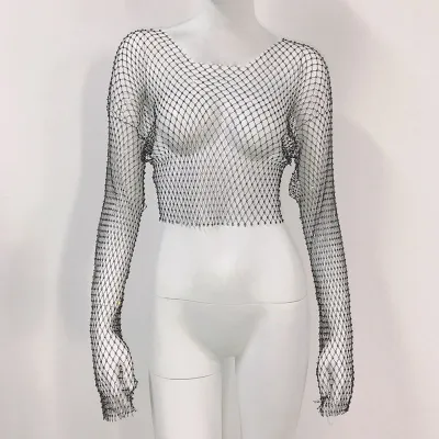 Nightclub Sexy Women Rhinestone Mesh Long Sleeve Crop Top