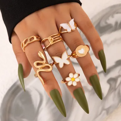 Women Simple Oil Drip Butterfly Floral Ring 7 Pieces-Set