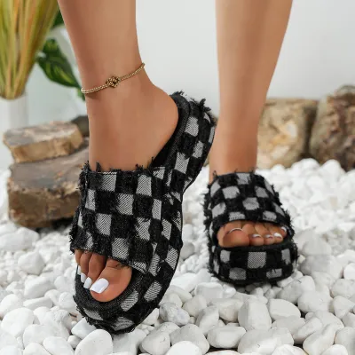 Women's Fashion Denim Platform Slippers with PU Lining, Round Toe