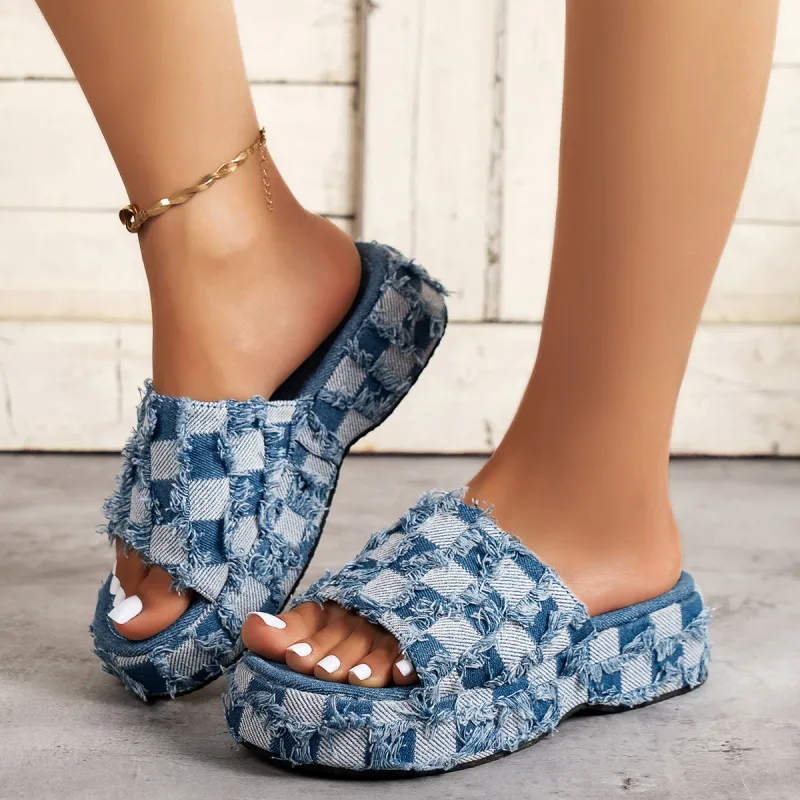 Women's Fashion Denim Platform Slippers with PU Lining, Round Toe