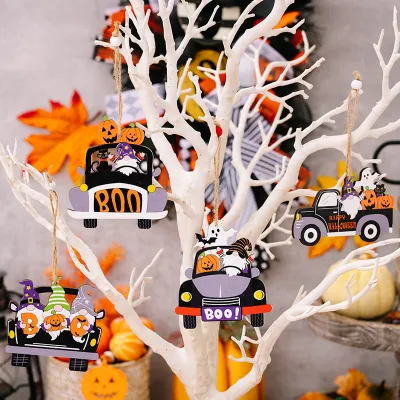 Fashion Pumpkin Gnome Car Wooden Pendant Halloween Decoration Supplies