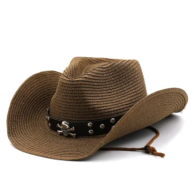 Unisex Fashion Ethnic Skull Belt Cowboy Sunshade Straw Hat