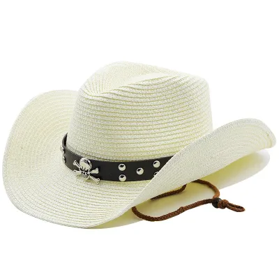 Unisex Fashion Ethnic Skull Belt Cowboy Sunshade Straw Hat