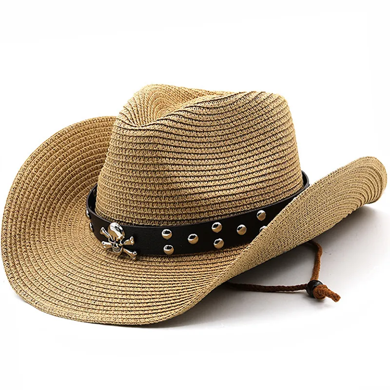 Unisex Fashion Ethnic Skull Belt Cowboy Sunshade Straw Hat