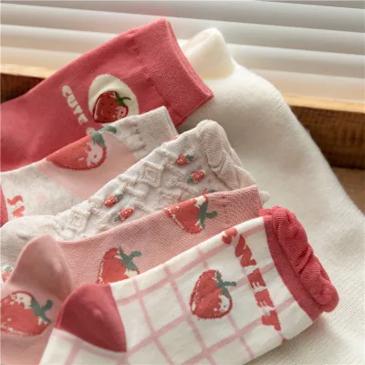 Calcetines de algodón con dibujos animados para mujer, con fresas rosas