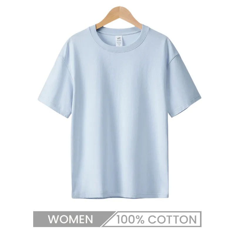 Women Casual Basic Summer Solid Color Crew Neck 230gsm 100% Cotton Short Sleeve T-Shirt