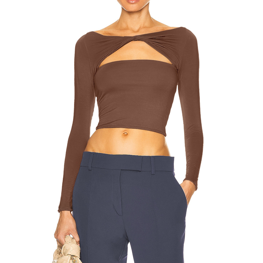 Current☆CUT OFF CROP LONG SLEEVE TEE Wholesale Women Fashion Solid Color Off-Shoulder Long Sleeve