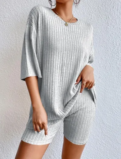 Women Casual Solid Color Rib-Knit Short Sleeve Top And Bermuda Shorts Two-Piece Set