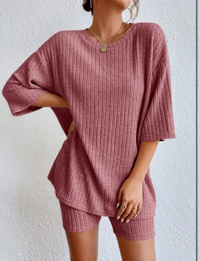 Women Casual Solid Color Rib-Knit Short Sleeve Top And Bermuda Shorts Two-Piece Set