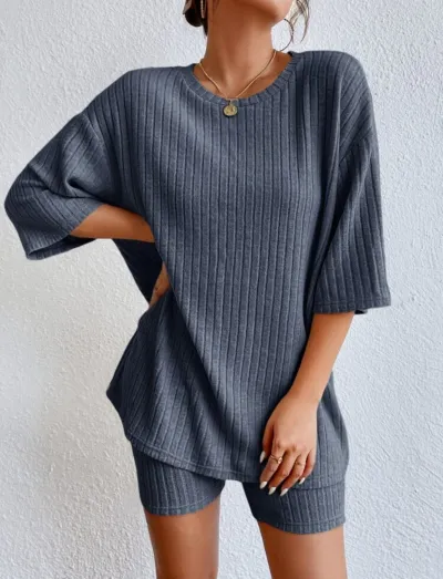 Women Casual Solid Color Rib-Knit Short Sleeve Top And Bermuda Shorts Two-Piece Set