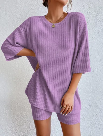 Women Casual Solid Color Rib-Knit Short Sleeve Top And Bermuda Shorts Two-Piece Set