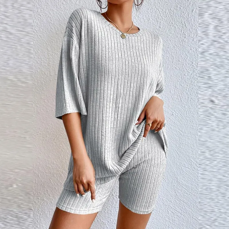 Women Casual Solid Color Rib-Knit Short Sleeve Top And Bermuda Shorts Two-Piece Set