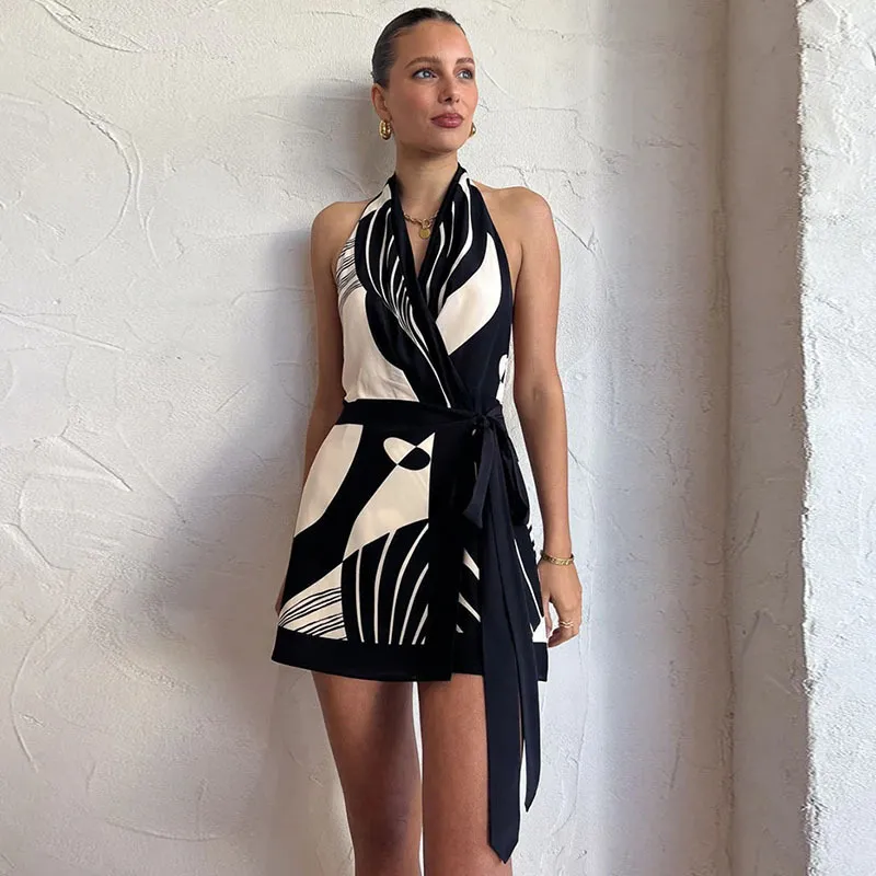 Women Fashion Sexy Nordic Style Classic Printing Halter Neck Backless Dress