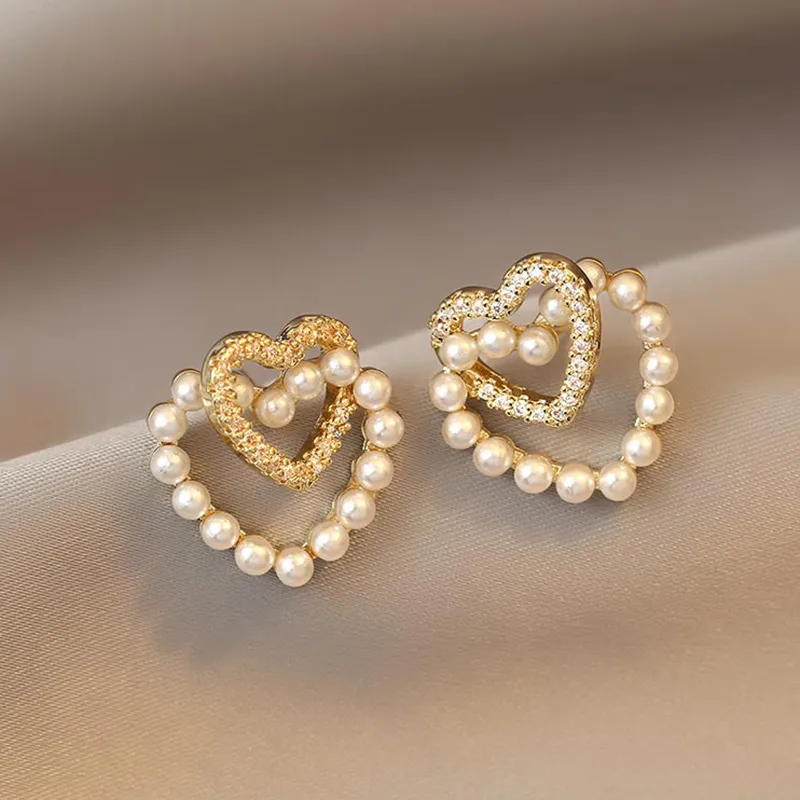 Women Fashion Double Heart Pearl Alloy Earrings