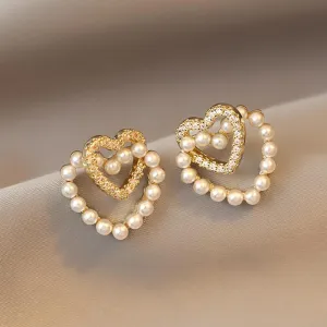 Women Fashion Double Heart Pearl Alloy Earrings