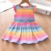 Kids Toddler Girls Summer Basic Round Neck Rainbow Stripe Princess Dress