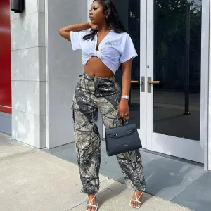 Women Casual Retro Multi-Pocket Camouflage Loose Straight Leg Cargo Pants