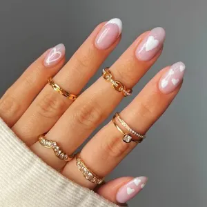 Valentine Day Women Fashion White Edge Love Heart Wearable False Nails