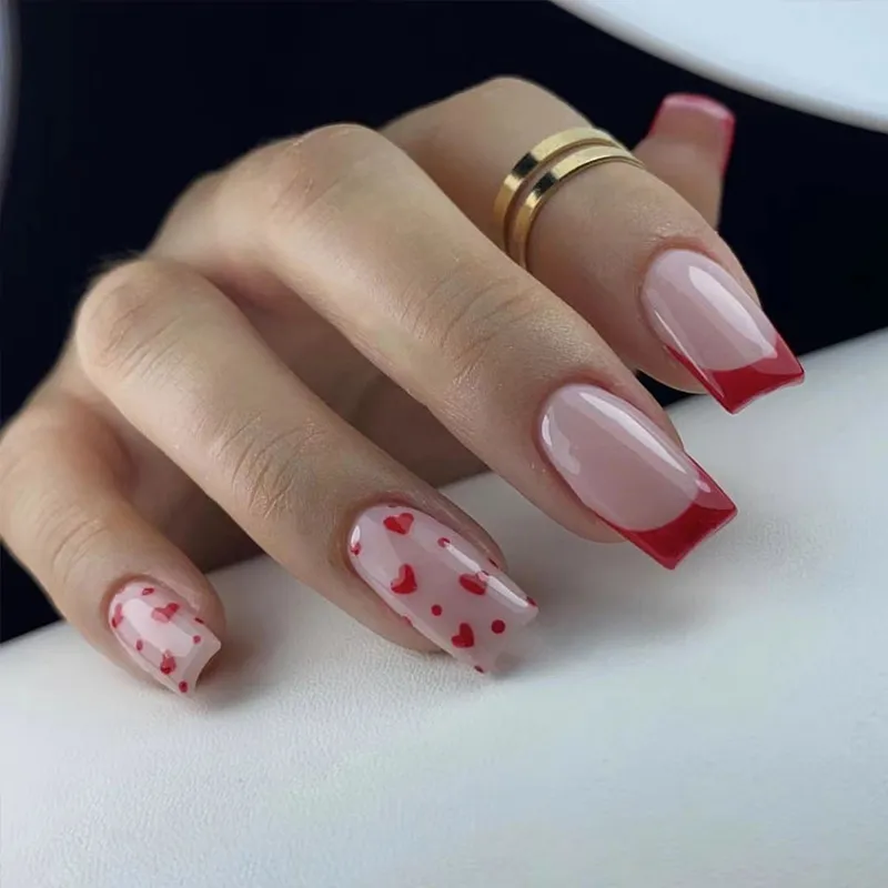 Valentine Day Women Fashion Red Edge Love Wearable False Nails Sweet French Heart Pattern