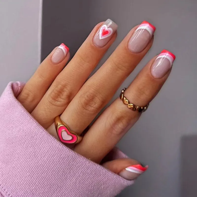 Valentine Day Women Fashion Sweet French White Pink Stitching Swirl Love Heart Wearable False Nails